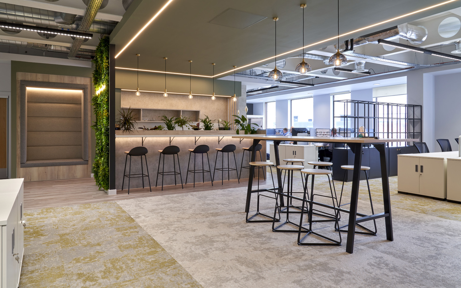 Naylors Gavin Black office showing breakout areas with barstool seating